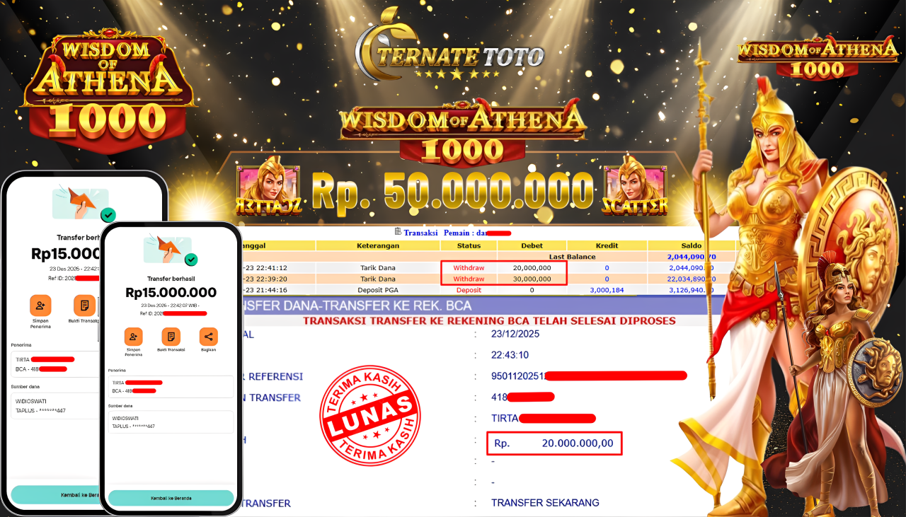 TERNATETOTO - JACKPOT WISDOM OF ATHENA 1000  Rp. 50,000,000,-